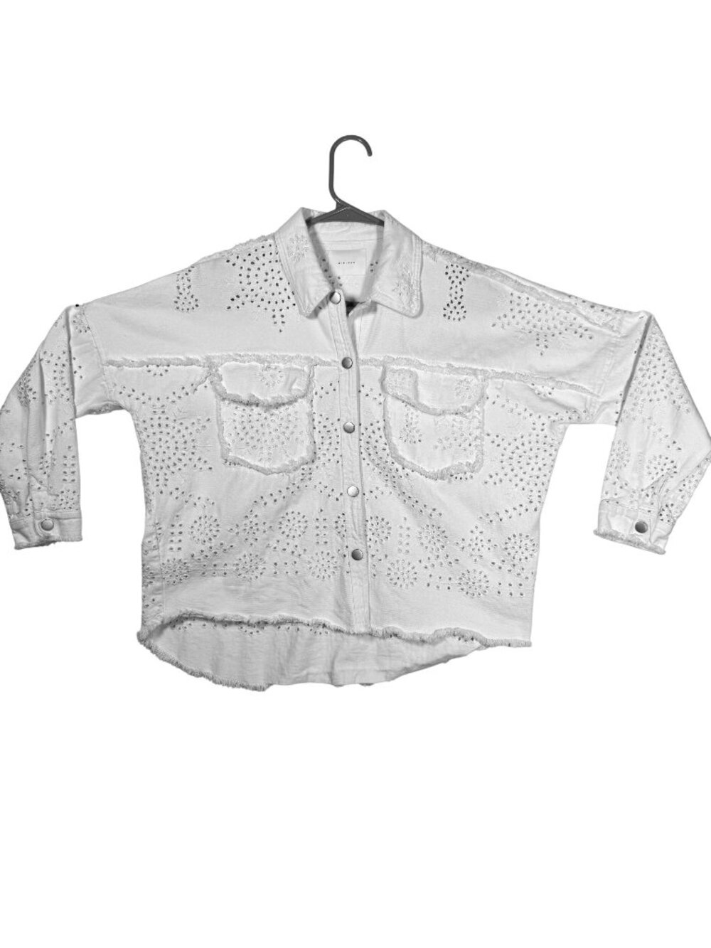 All Row White Eyelet embroidered Shirt Jacket Frayed Hem, Pockets, Seam - Size S